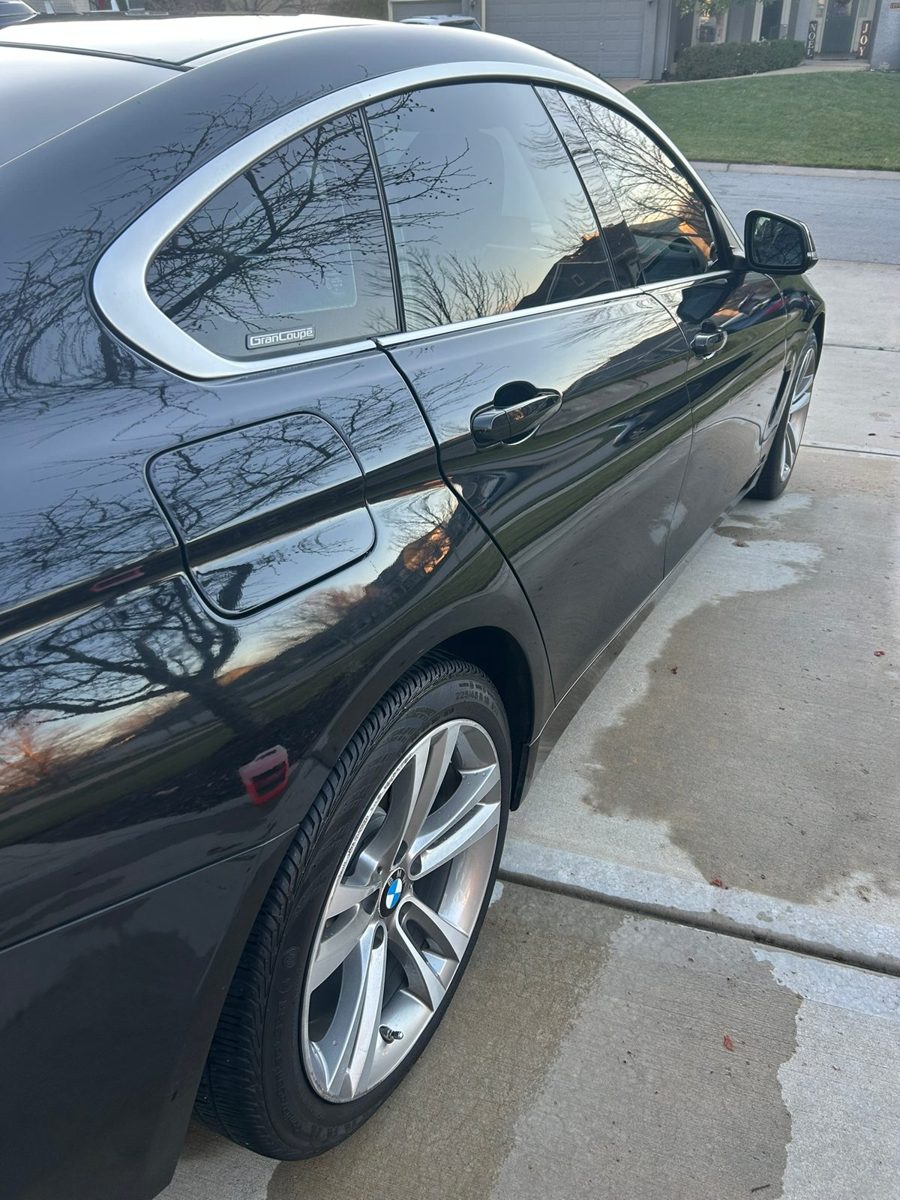 Trees reflecting in the black paint of a BMW 4 Series Gran Coupe after an exterior detail