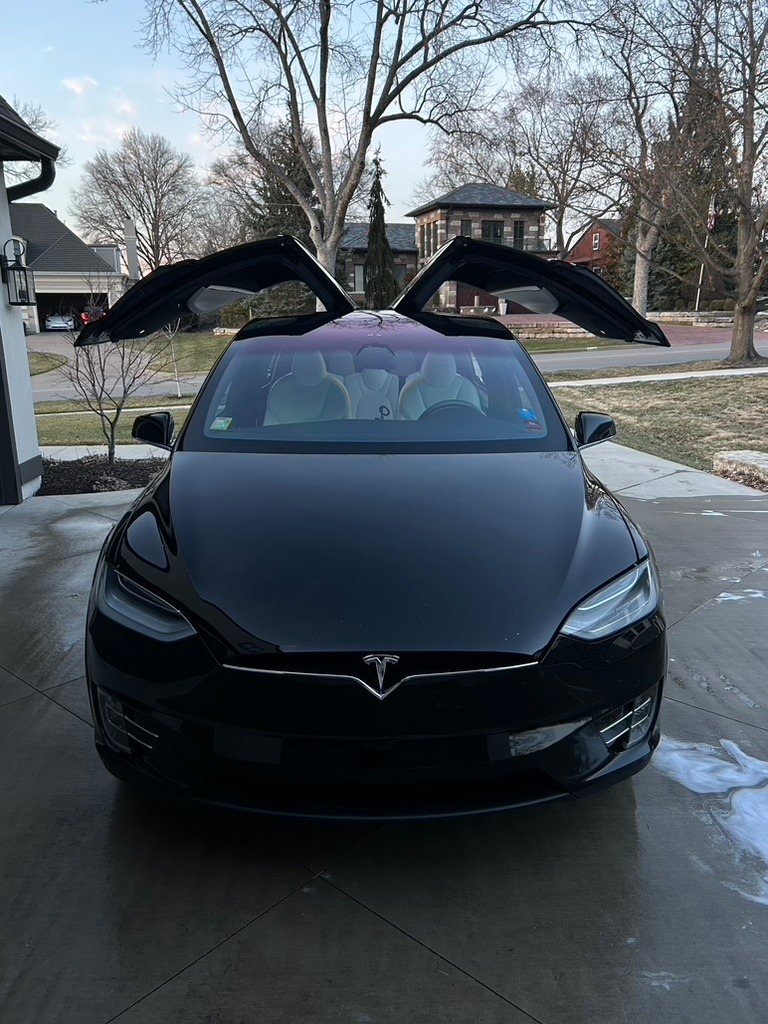 Black Tesla Model X after a detail with its doors open